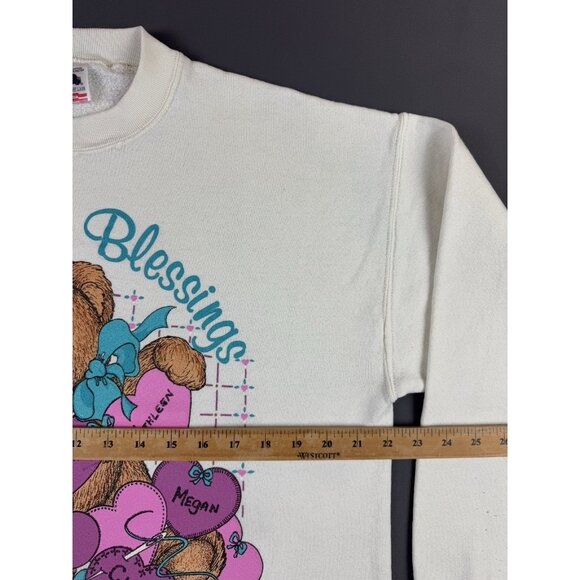 Rare Vintage 90s Granda Sweater Count Your Blessings Bear Heart FOTL Large Art - Picture 10 of 11